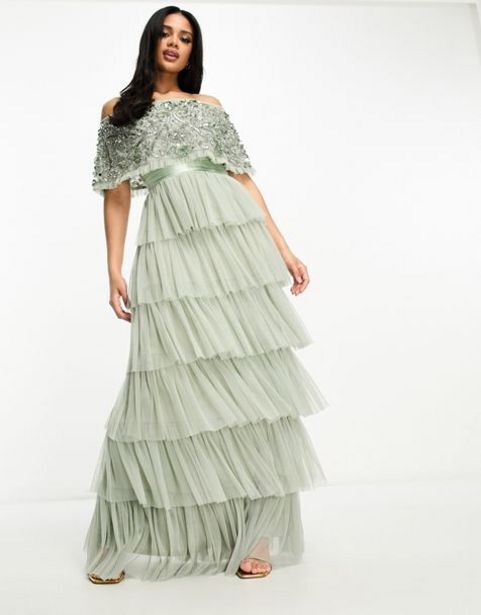Asos Beauut bridesmaid bardot tiered maxi dress in sage green oferta