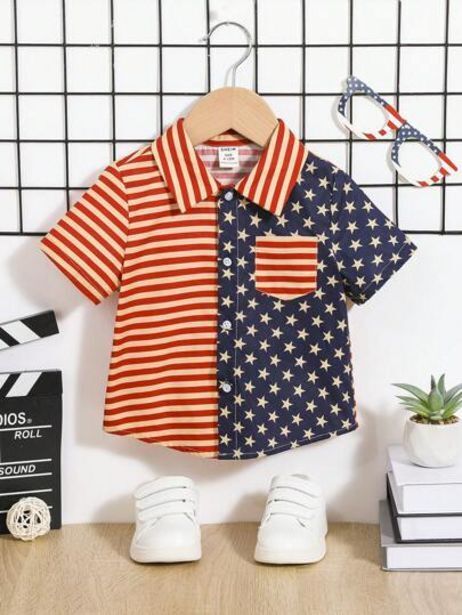 Shein Shein bebé camisa americana con estampado con parche con bolsillo para día de la independencia oferta