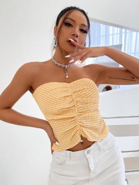 Shein Top tubo corto de cuadros fruncido oferta