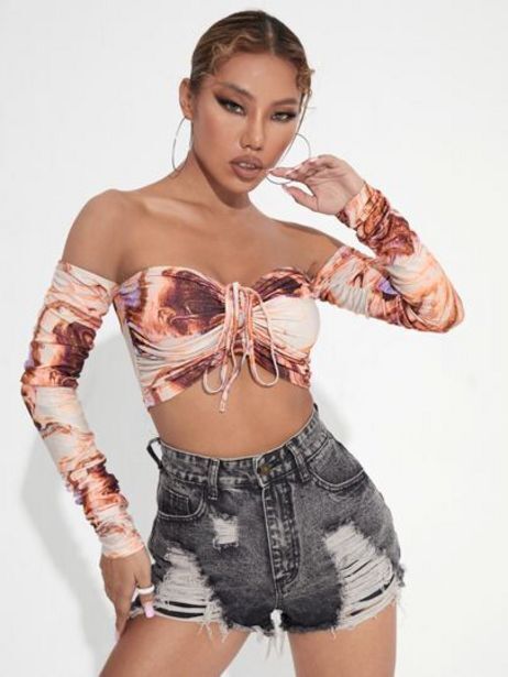 Shein Camiseta de tie dye pecho con fruncido con cordón de hombros descubiertos oferta