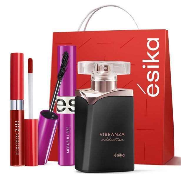 Ésika Set perfume de mujer vibranza addiction + máscara mega full size + labial colorfix liquid tattoo oferta