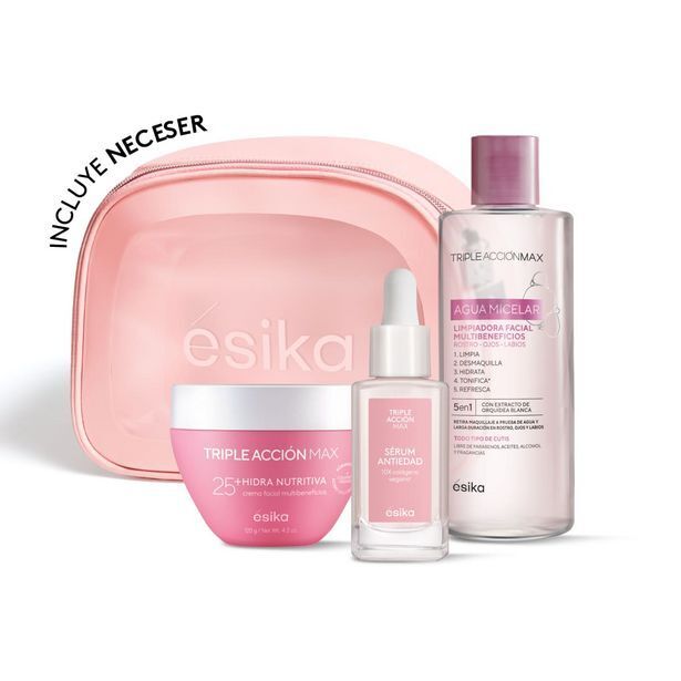 Ésika Set antiedad: agua micelar + sérum facial + crema de rostro 25+ neceser triple acción oferta