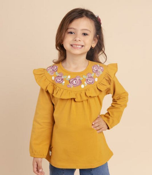 Limonada Polera niña con flore bordadas mostaza oferta