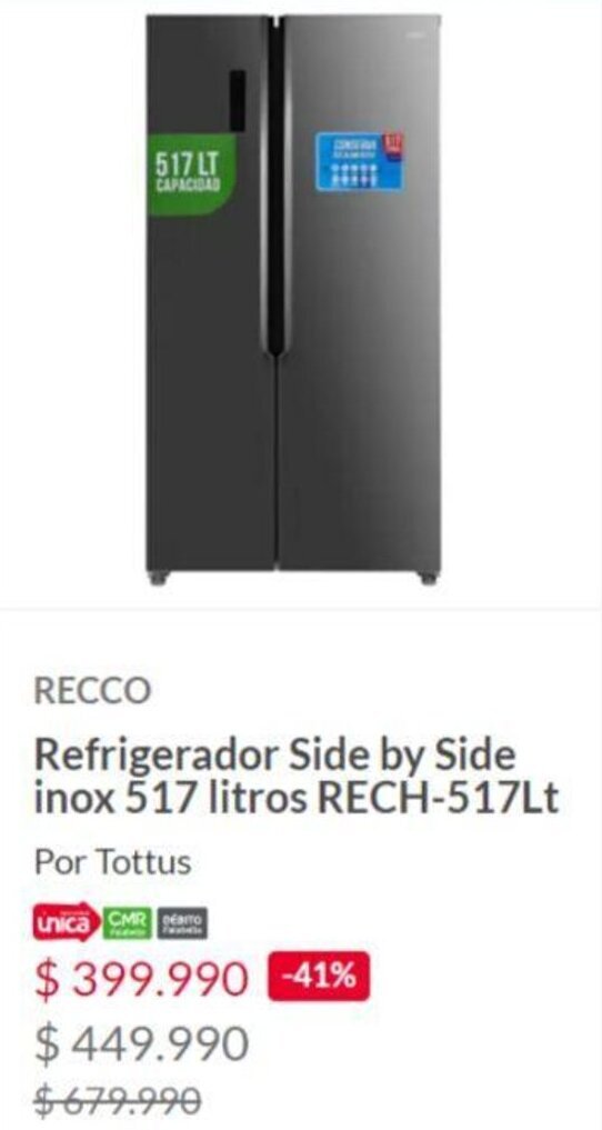Tottus RECCO Refrigerador Side by Side inox 517 litros RECH-517Lt oferta