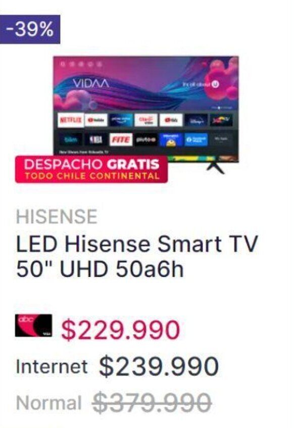 Abcdin LED Hisense Smart TV 50" UHD 50a6h oferta