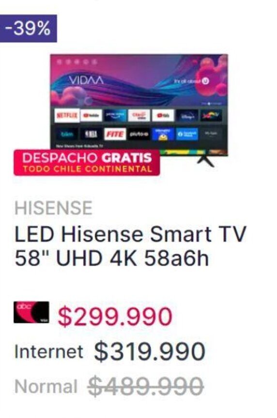 Abcdin LED Hisense Smart TV 58" UHD 4K 58a6h oferta