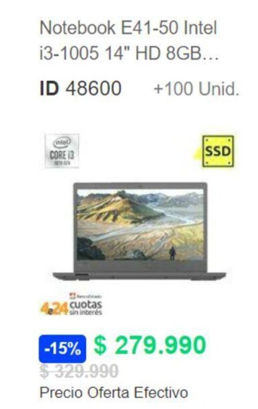 PC Factory Notebook E41-50 Intel 13-1005 14" HD 8GB... oferta