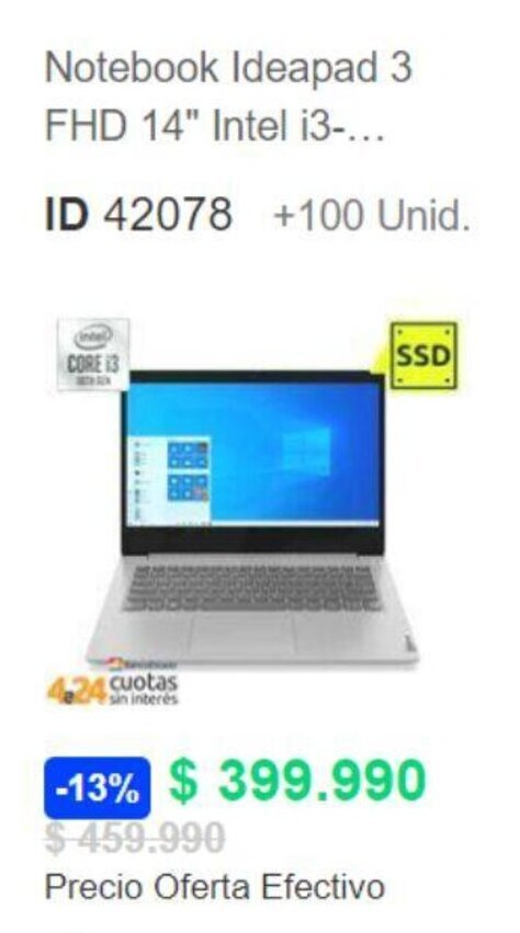 PC Factory Notebook Ideapad 3 FHD 14" Intel i3-... oferta