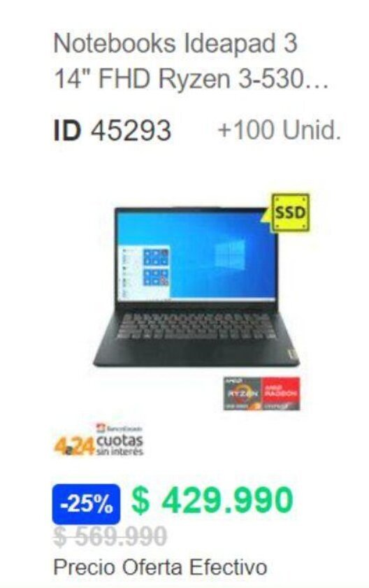 PC Factory Notebooks Ideapad 3 14" FHD Ryzen 3-530... oferta