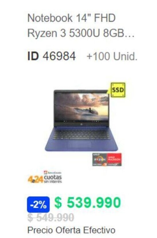 PC Factory Notebook 14" FHD Ryzen 3 5300U 8GB... oferta