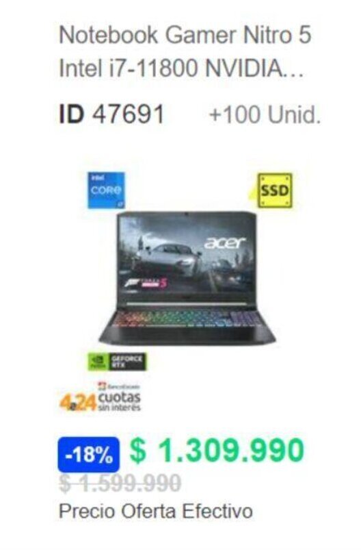 PC Factory Notebook Gamer Nitro 5 Intel i7-11800 NVIDIA... oferta