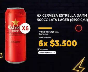 El Cielo 6X CERVEZA ESTRELLA DAMM 500CC LATA LAGER oferta