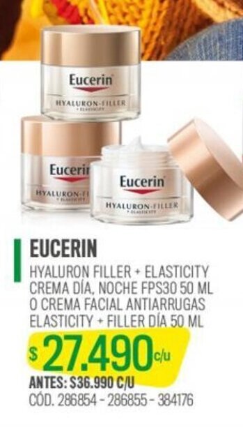 Cruz Verde EUCERIN HYALURON FILLER + ELASTICITY CREMA DÍA, NOCHE FPS30 50 ML O CREMA FACIAL ANTIARRUGAS ELASTICITY+FILLER DÍA 50 ML oferta