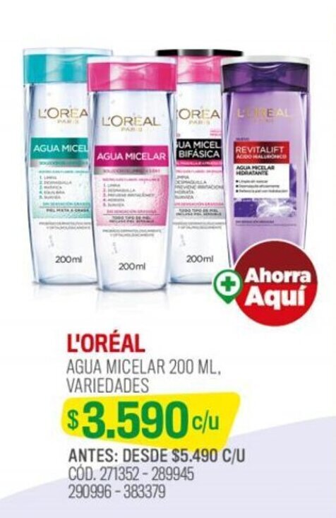 Cruz Verde L'OREAL AGUA MICELAR 200 ML. VARIEDADES oferta