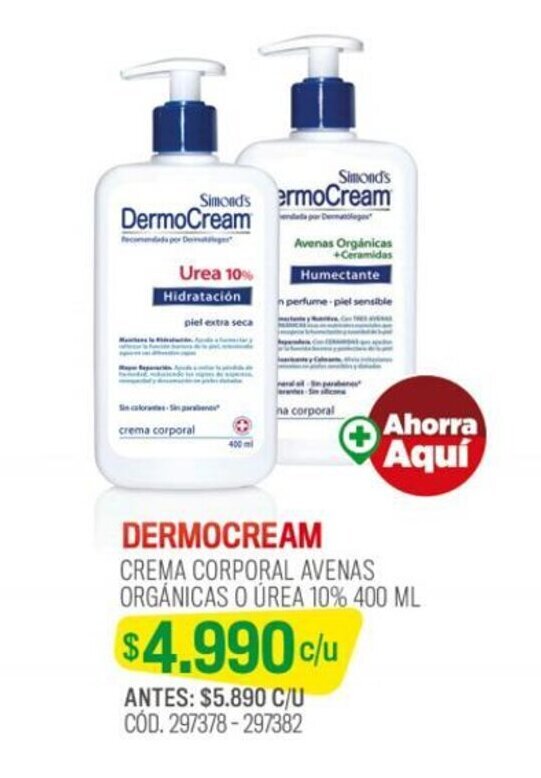 Cruz Verde DERMOCREAM CREMA CORPORAL AVENAS ORGÁNICAS O ÚREA 10% 400 ML oferta