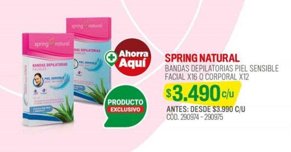 Cruz Verde SPRING NATURAL BANDAS DEPILATORIAS PIEL SENSIBLE FACIAL X16 0 CORPORAL X12 oferta