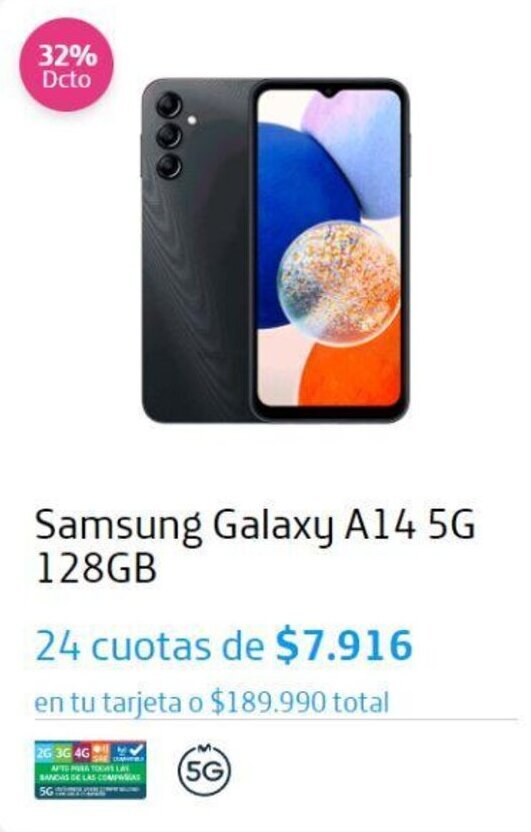 Movistar Samsung Galaxy A14 5G 128GB 24 cuotas oferta