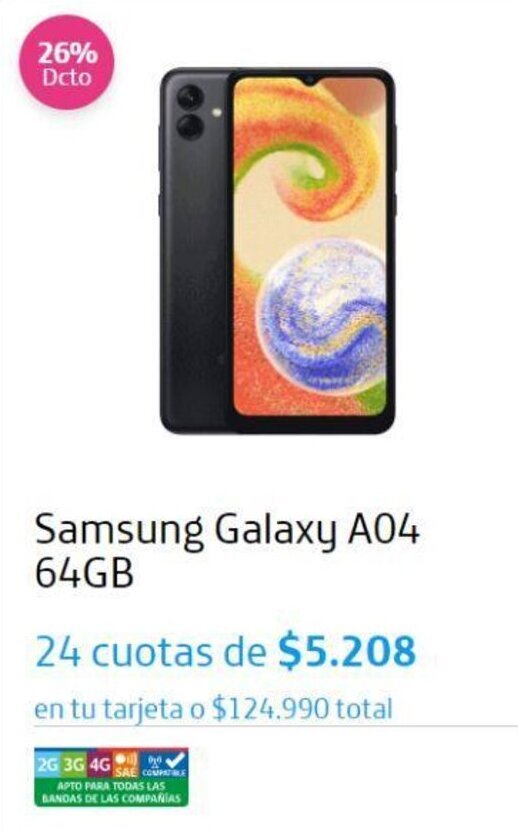 Movistar Samsung Galaxy A04 64GB 24 cuotas oferta