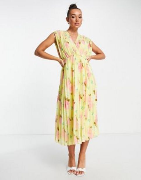 Asos Asos design pleated wrap front midi dress in yellow floral oferta