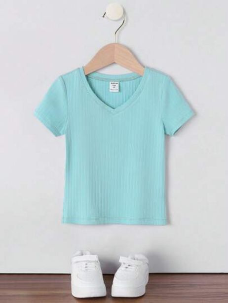 Shein Shein basics niñas camiseta de cuello v tejido de canalé oferta