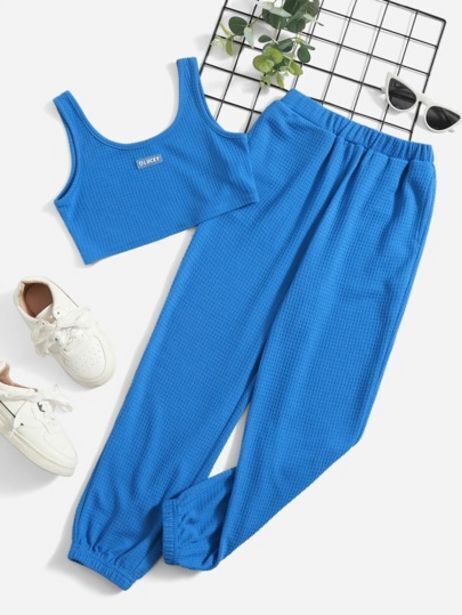 Shein Shein niñas top tank con diseño de parche de letra con pantalones deportivos oferta