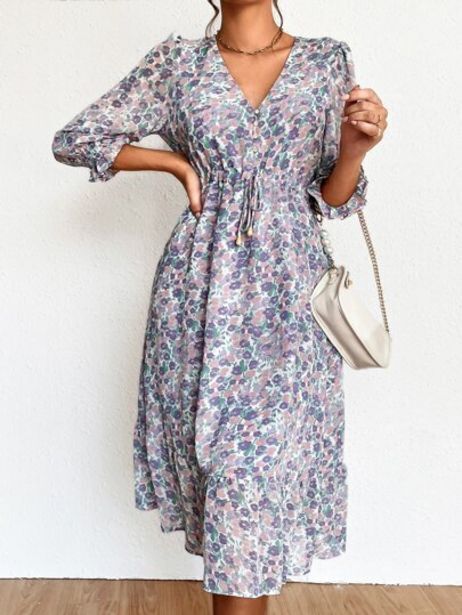 Shein Vestido con estampado floral de cintura con cordón bajo con fruncido oferta
