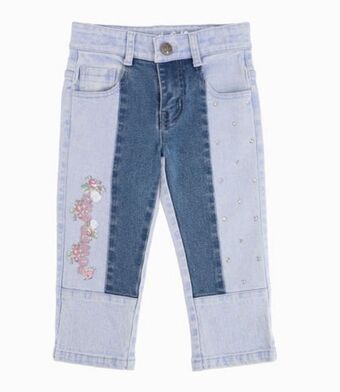 Limonada Jeans bebé niña bicolor con flores y cristales denim celeste oferta