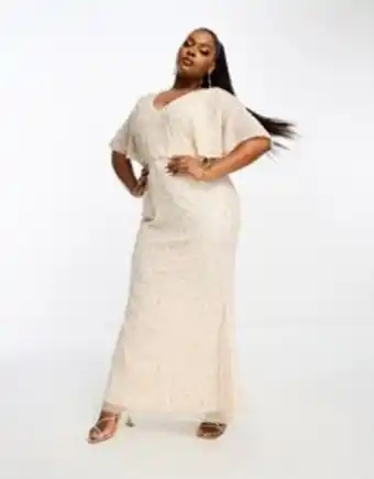 Beauut plus bridesmaid embellished maxi dress with flutter sleeve in champagne