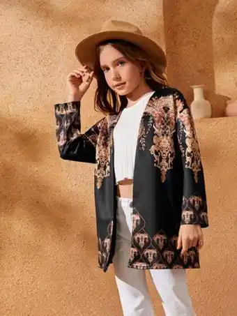 Shein Shein niñas abrigo barroco patrón con parte delantera abierta oferta