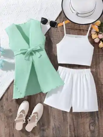 Shein Chicas unicolor shorts con top de tirantes & ribete en forma de lechuga abrigo oferta