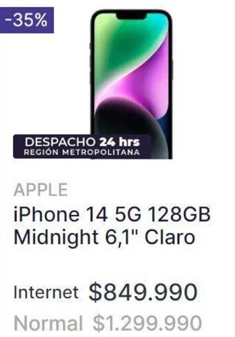 Abc APPLE iPhone 14 5G 128GB Midnight 6,1" Claro oferta