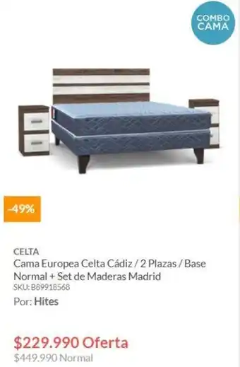 Hites CELTA Cama Europea Celta Cádiz/2 Plazas / Base Normal + Set de Maderas Madrid SKU: B89918568 oferta