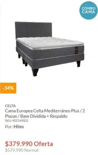 Hites CELTA Cama Europea Celta Mediterráneo Plus / 2 Plazas / Base Dividida + Respaldo SKU: 902149001 oferta