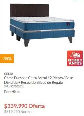 Hites CELTA Cama Europea Celta Astral/2 Plazas / Base Dividida + Respaldo Bilbao de Regalo SKU: 907202001 oferta