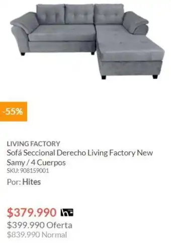 Hites LIVING FACTORY Sofá Seccional Derecho Living Factory New Samy/4 Cuerpos oferta