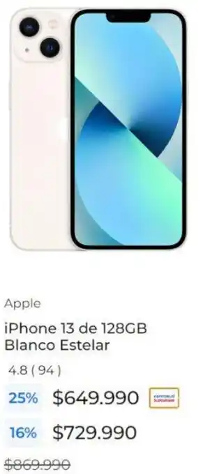 Paris Apple iPhone 13 de 128GB Blanco Estelar oferta