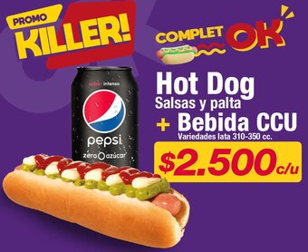 OK Market Hot Dog Salsas y palta + Bebida CCU Variedades lata 310-350 cc. oferta