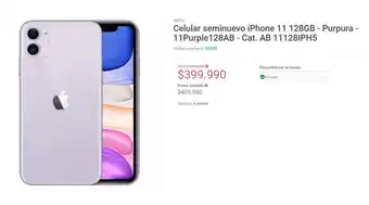 Celular seminuevo iPhone 11 128GB - Purpura - 11Purple128AB - Cat. AB 11128IPH5