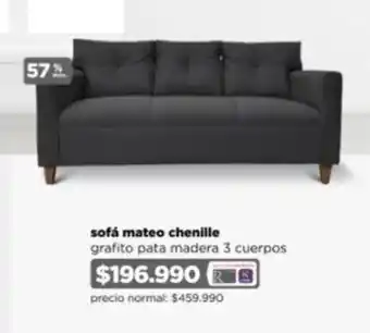 sofá mateo chenille grafito pata madera 3 cuerpos