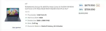 Paris HP Notebook Victus 16-d0511la Intel Core i5-11400H NVIDIA GeForce GTX 1650 8GB RAM 512GB SSD PCIe 16.1" oferta