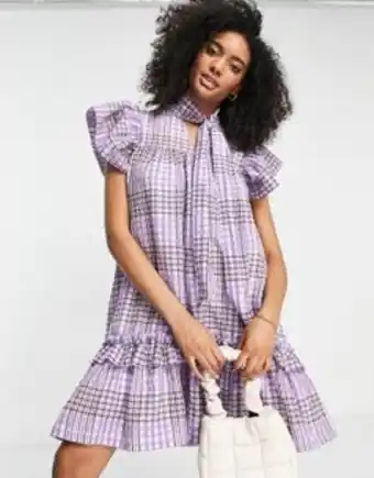Asos Selected femme high low dress with frill detail in purple check oferta