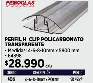 Construmart Perfil h clip femoglas oferta