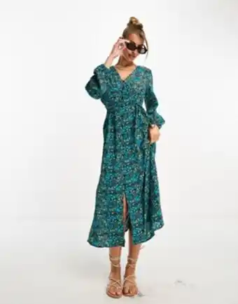 Asos Qed london balloon sleeve midi tea dress in blue floral oferta