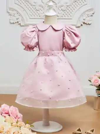 Shein Shein kids modely niñas de cuello bobo de manga farol con cuenta de perla top & de malla falda oferta