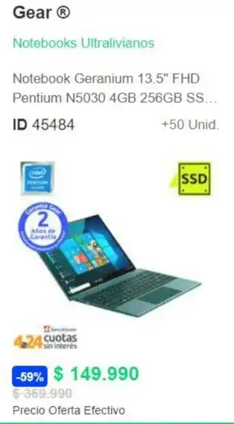 PC Factory Notebook Geranium 13.5" FHD Pentium N5030 4GB 256GB SS... ID 45484 +50 Unid. oferta