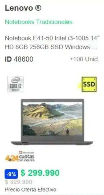 PC Factory Lenovo Ⓡ Notebook E41-50 Intel i3-1005 14" HD 8GB 256GB SSD Windows ... ID 48600 +100 Unid. oferta