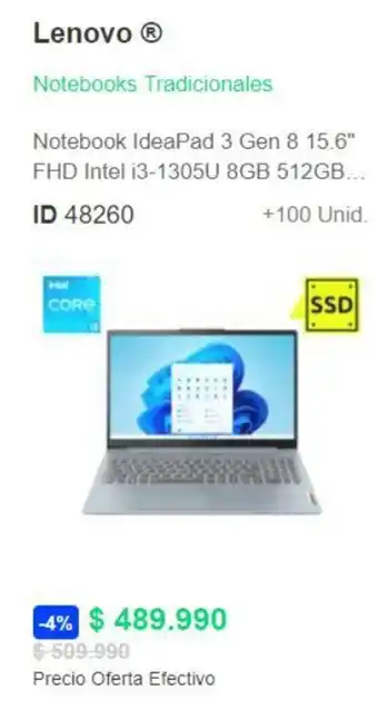 Lenovo Ⓡ Notebook IdeaPad 3 Gen 8 15.6" FHD Intel i3-1305U 8GB 512GB... ID 48260 +100 Unid.