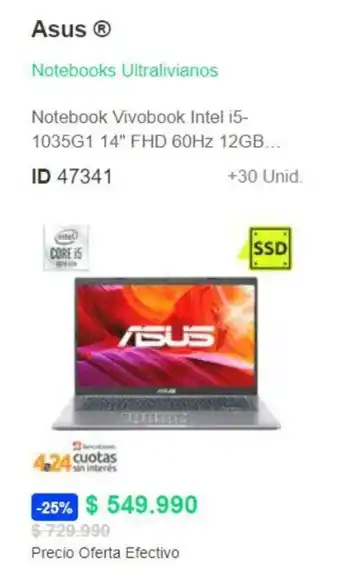 PC Factory Asus Ⓡ Notebook Vivobook Intel i5-1035G1 14" FHD 60Hz 12GB... ID 47341 +30 Unid. oferta