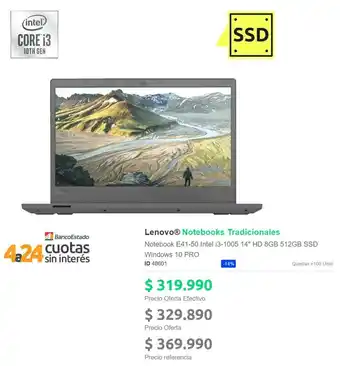 PC Factory Lenovo Notebook E41-50 Intel i3-1005 14" HD 8GB 512GB SSD Windows 10 PRO ID 48601 oferta