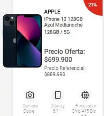 Claro APPLE iPhone 13 128GB Azul Medianoche 128GB/5G oferta